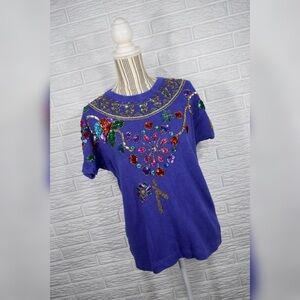 Vintage 90s SML Blue Sequined & Beaded Knit Top
